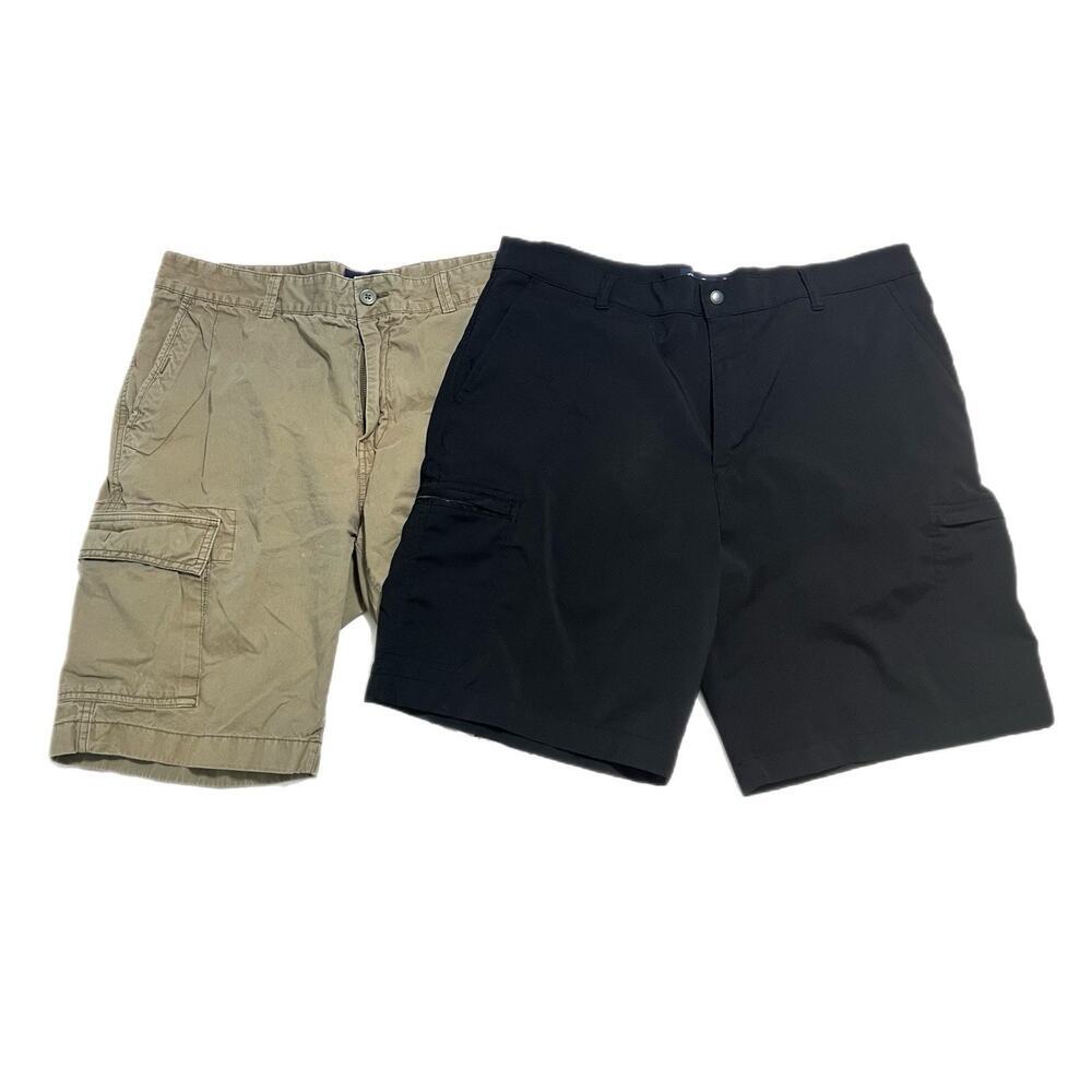 Lot Of 2 Cremieux Chaps Men 36 Blue Khaki Stretch Cargo Shorts 9” Flat Front